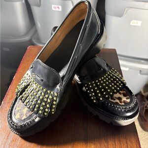 LADIES GH BASS “WEE JUN”Black Studded Loafers with Leopard Print Size 11M(123)